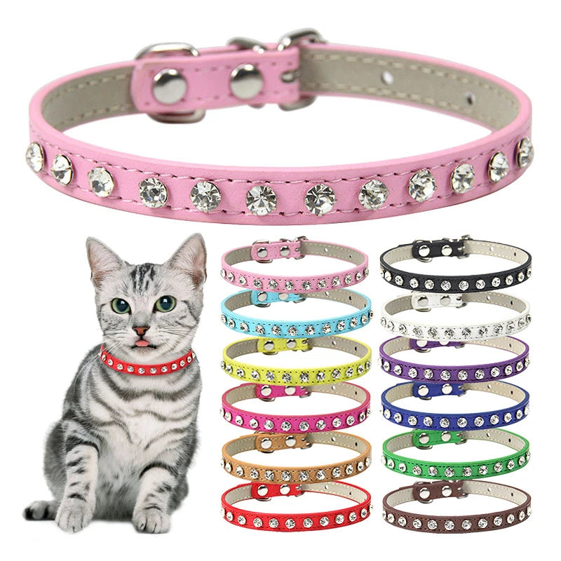 Luxury Rhinestone Rivets Cat Collar Leather Small Dog Collars  Puppy Neck Strap for Kitten Accessories Wholesale /