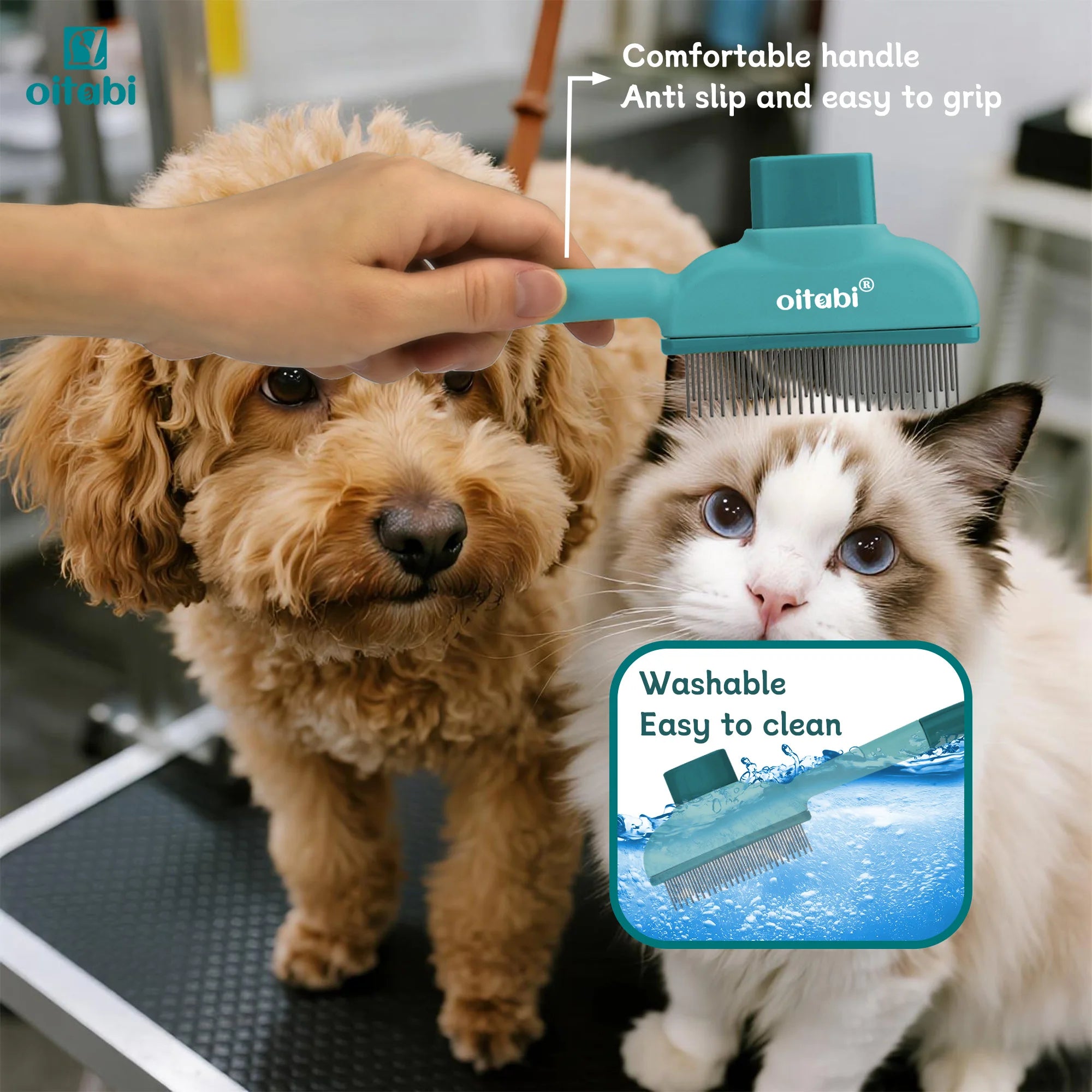 OITABI Flea Comb for Cats & Dogs – Magic Self-Cleaning Cat Grooming Brush with Stainless Steel Teeth Cat Combs for Fleas & Ticks