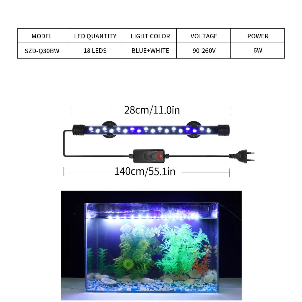 Aquarium LED Light Waterproof Fish Tank Light Plant Grow Lamp 18-48CM Underwater Aquariums Decor Lighting 90-260V 5730 Chip
