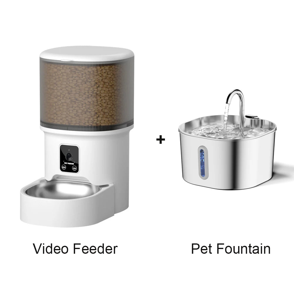 Smart Button WIFI APP Video Pet Feeder Automatic Cat Dog Food Dispenser Stainless Steel Bowl Timed, 4L Pet Feeder 2.2L Fountain