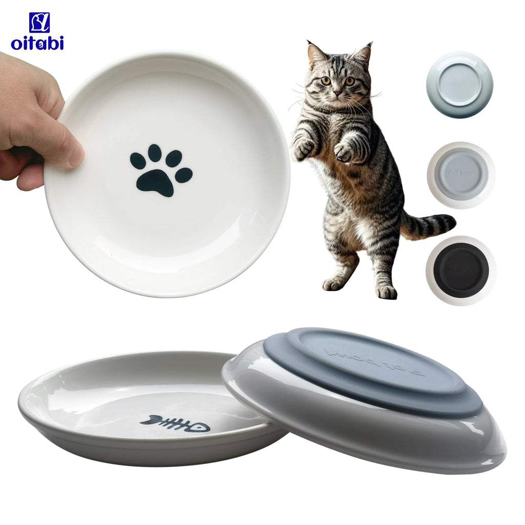 Oitabi 3PCS Cat Food Bowl, Ceramic Cat Bowls, Anti Whisker Fatigue Cats Bowl Set, Shallow Wide Kitten Plates for Food and Water