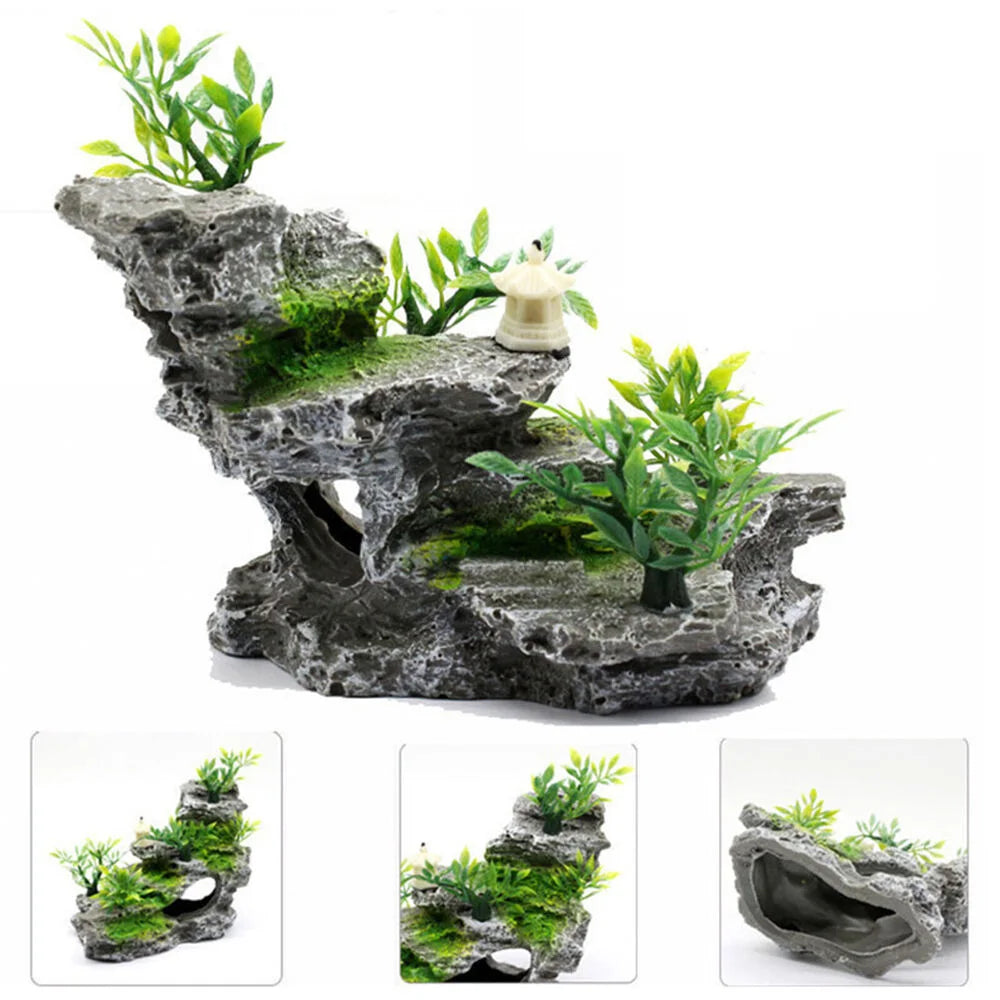 Aquarium Fish Tank Decor Rockery Mountain Stone Hiding Fish Cave Resin Ornaments