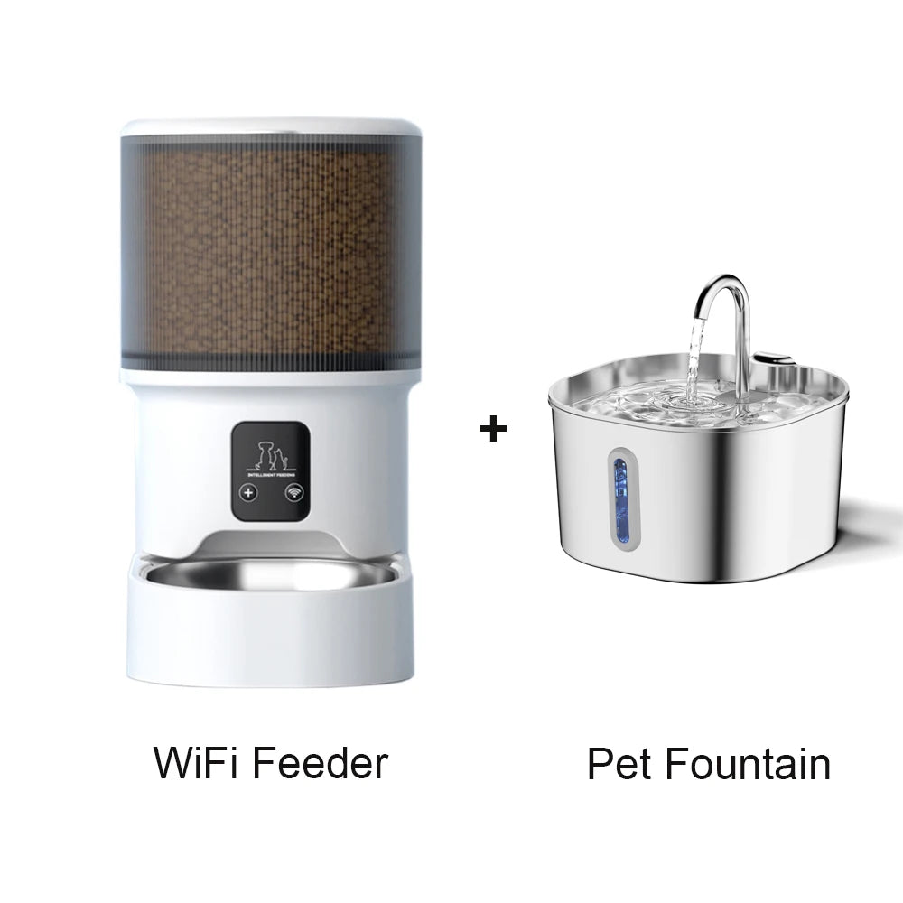 Smart Button WIFI APP Video Pet Feeder Automatic Cat Dog Food Dispenser Stainless Steel Bowl Timed, 4L Pet Feeder 2.2L Fountain