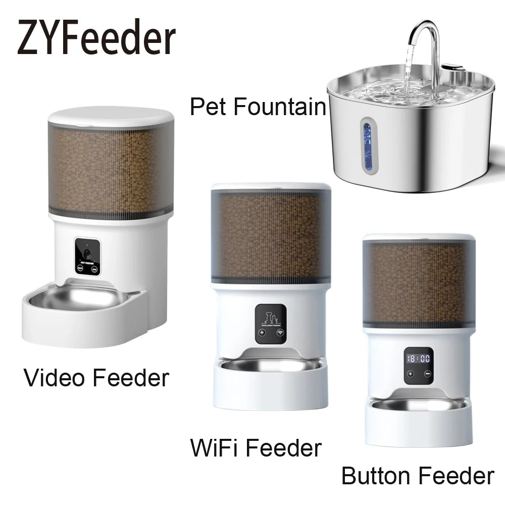 Smart Button WIFI APP Video Pet Feeder Automatic Cat Dog Food Dispenser Stainless Steel Bowl Timed, 4L Pet Feeder 2.2L Fountain