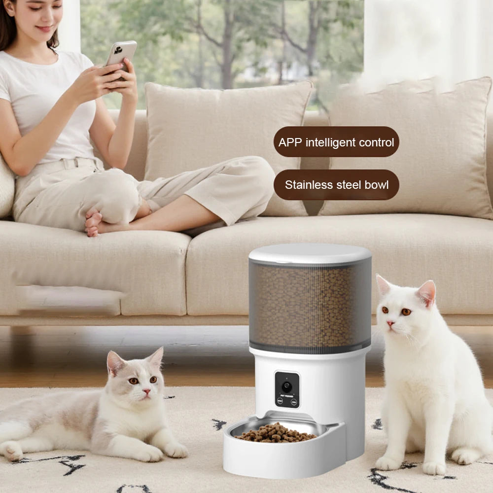 Smart Button WIFI APP Video Pet Feeder Automatic Cat Dog Food Dispenser Stainless Steel Bowl Timed, 4L Pet Feeder 2.2L Fountain