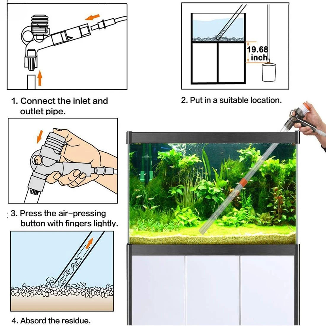 Press-Type Siphon Pump Aquarium Gravel Cleaner With Glass Scraper Fish Tank Water Changer Kit Adjustable Water Flow Sand Cleaner