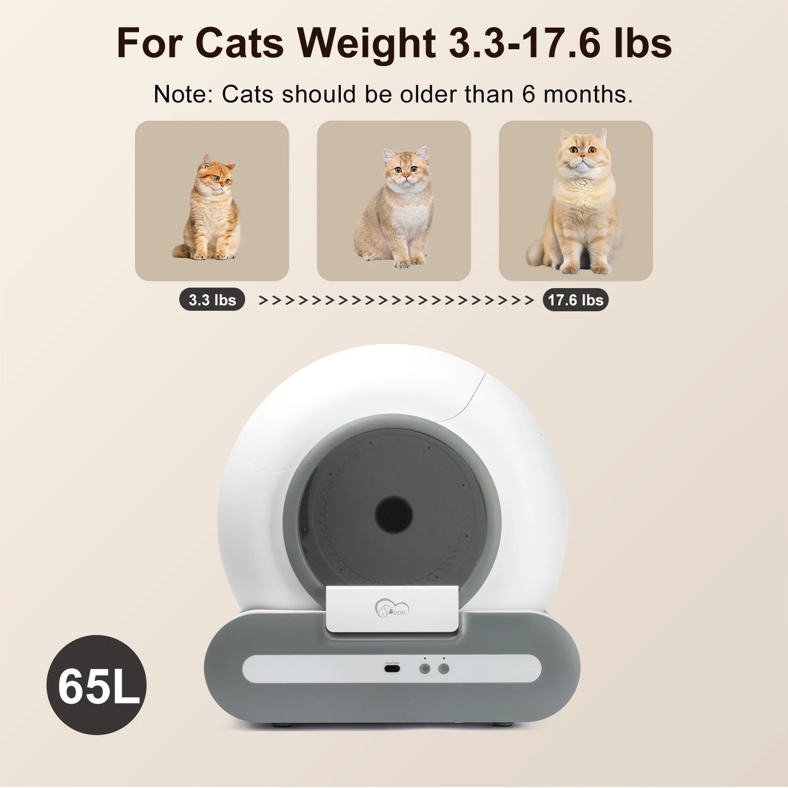 DOEL 65L Self-Cleaning Cat Litter Box App Control, ONLY Supports 2.4G WiFi w/Litter Mat&Trash Bags, Fit for Tofu & Mixed Litter